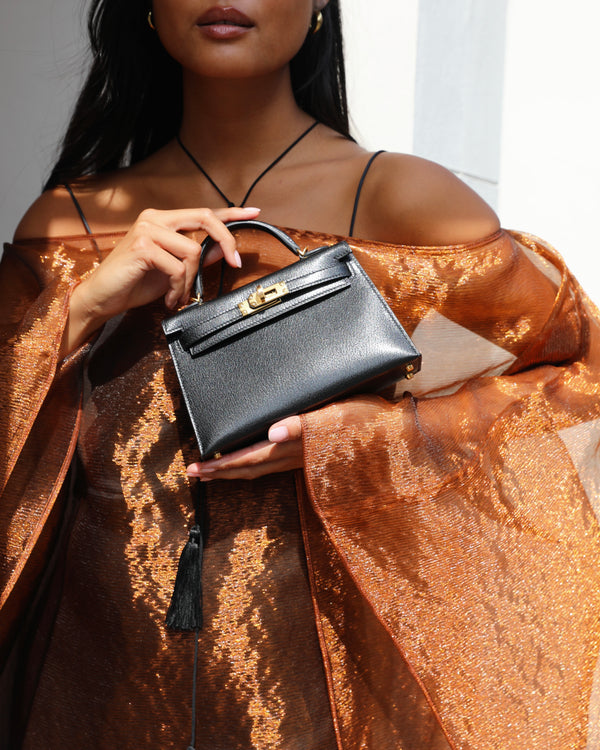 *HOT* Hermès Mini Kelly II 20cm Bag In Noir Chèvre Chamkila Leather with Gold Hardware