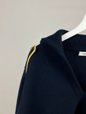 Céline Navy Wool Varuse Military Cropped Jumper with Gold Piping Details Size M (UK 10) RRP £2200