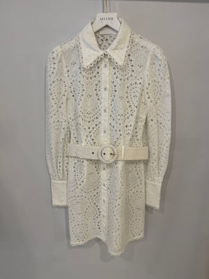 Zimmermann White Crochet Long-Sleeve Mini Dress with Belt Detail Size 2 (UK 12)