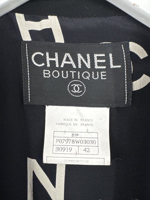 Chanel Vintage Runway 97S Black, White CC Logo Slip Dress and Jacket Set with CC Chanel Button Size FR 42 (UK 14)