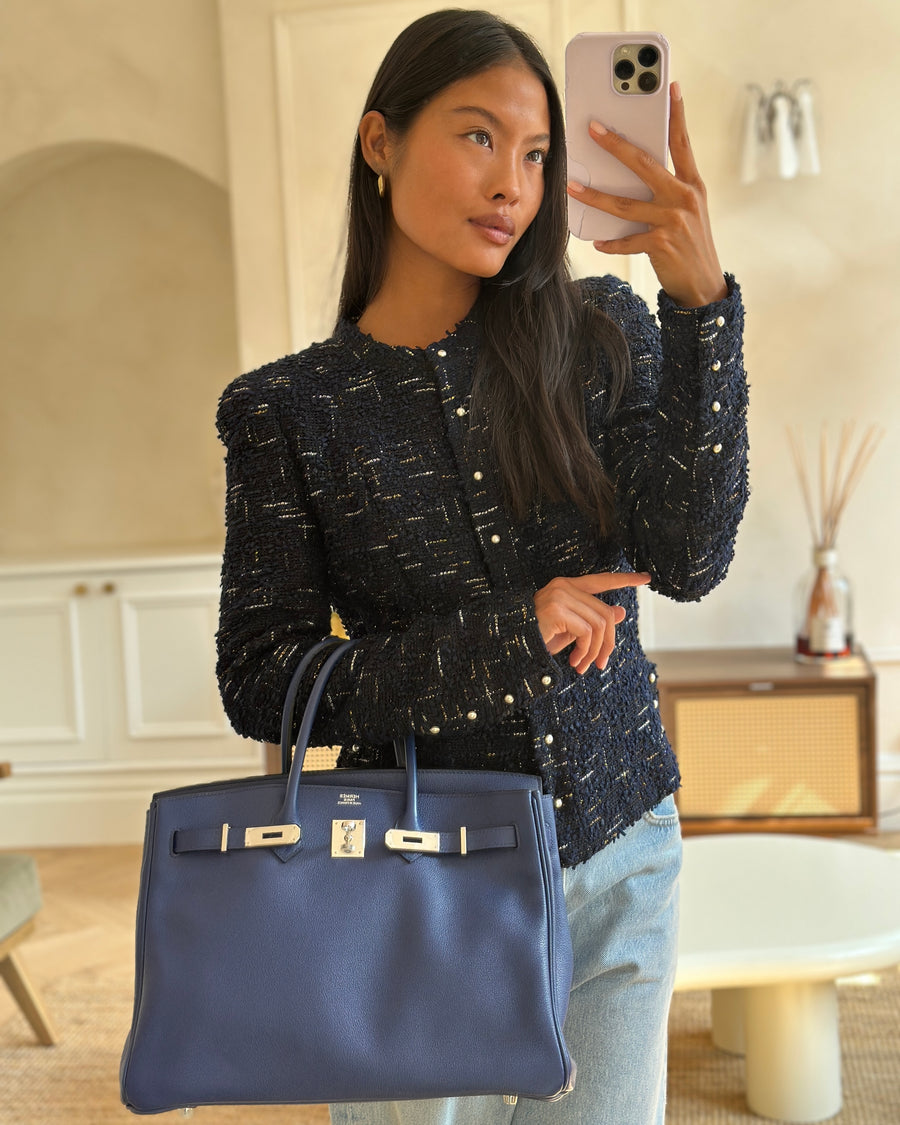 *LIMITED EDITION* Hermès Birkin 35cm Sea, Surf and Fun Bag in Bleu Saphir Novillo Leather with Palladium Hardware and Printed Canvas Interior