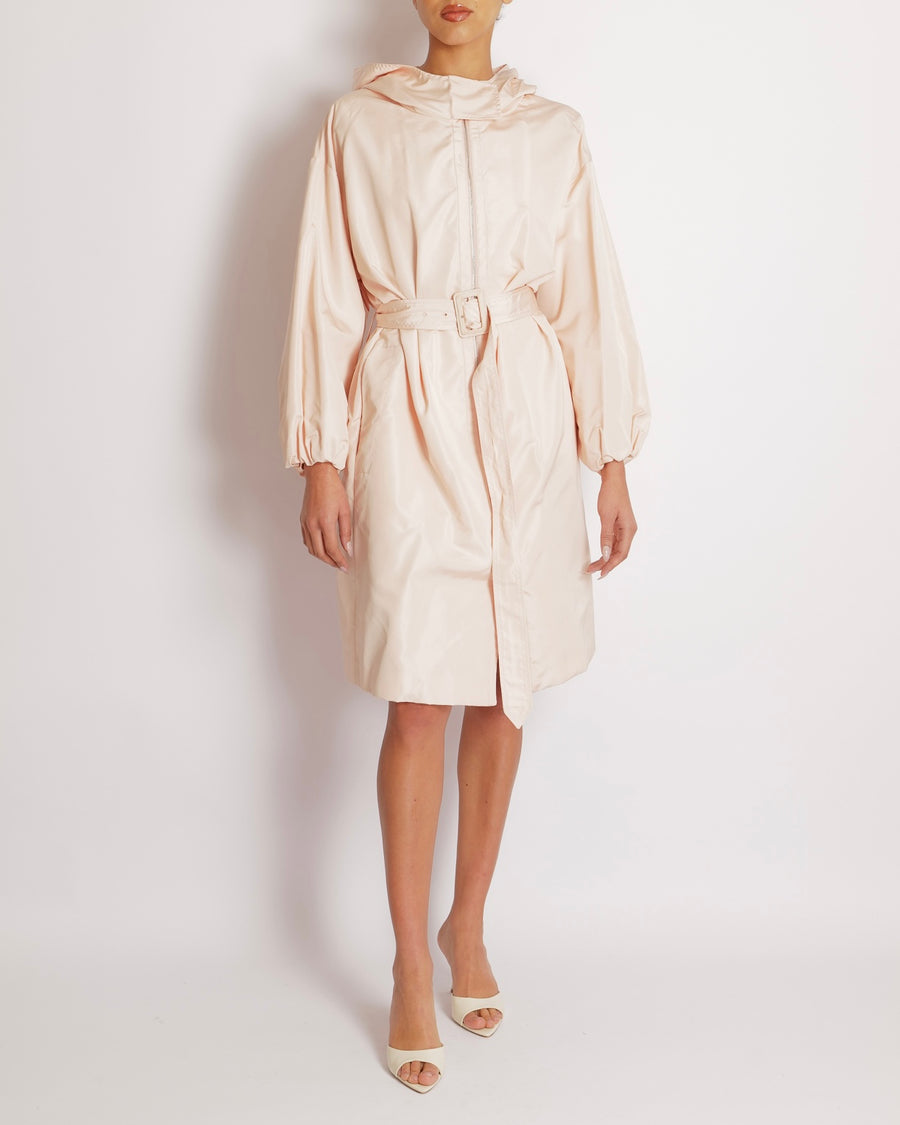 Christian Dior Blush Pink Belted Raincoat with Hood and Silver Zipper Detail Size FR 38 (UK 10)