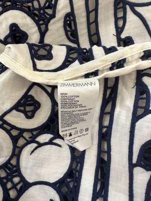Zimmermann White and Blue Embroidered Midi Dress with Belt Size 0 (UK 8)