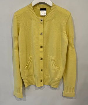 Chanel Yellow Cashmere Cardigan with Silver CC Logo Buttons Size FR 38 (UK 10)