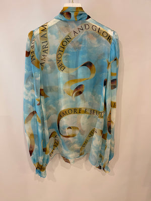 Dolce & Gabbana Blue and Brown Cloud-Printed Tie-Neck Blouse Size IT 38 (UK 6)
