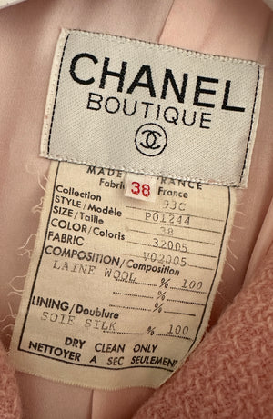 Chanel 93C Pink Tweed Skirt and Jacket Set with Logo Buttons and Pocket Detail FR 38 (UK 10)
