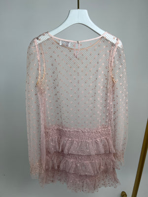Red Valentino Baby Pink Polka Dot Sheer Long-Sleeve Tiered Mini Dress Size IT 42 (UK 10)