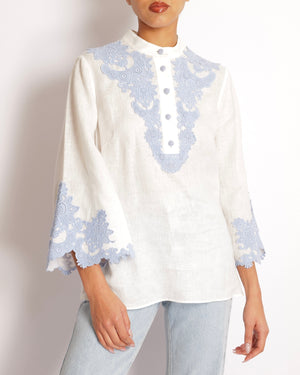 Zimmermann White Linen Raie Top with Light Blue Embroidered Lace Detail Size 2 (UK 12)