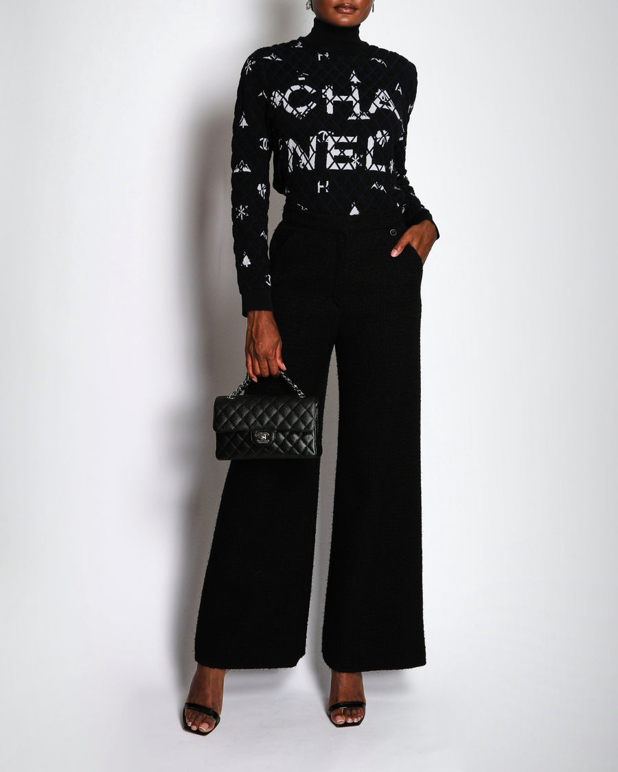 Chanel 19/B Black Tweed High-Waist Wide Leg Trousers Size FR 38 (UK 10)