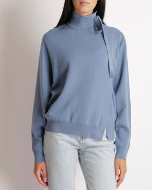 Fendi Blue Wool Long Sleeved Jumper with Logo Ribbon Detail Size IT 40 (UK 10)