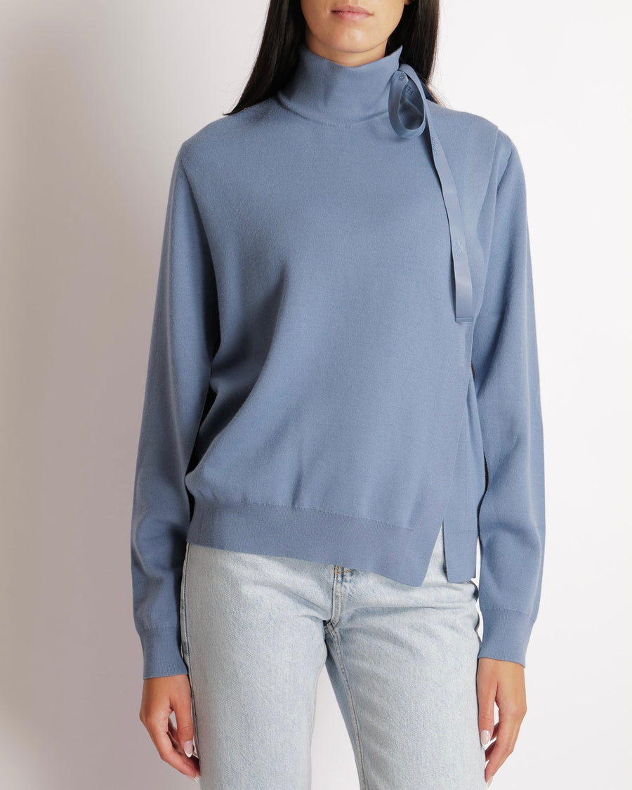 Fendi Blue Wool Long Sleeved Jumper with Logo Ribbon Detail Size IT 40 (UK 10)