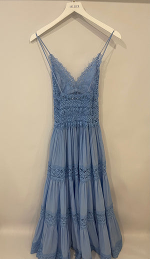 Charo Ruiz Blue Cotton Cindy Maxi Dress with Lace Detail Size S (UK 8)