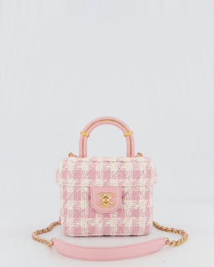 Chanel 23S Pink & Ecru Small Top Handle Crush Tweed Vanity Case Bag with Gold Hardware