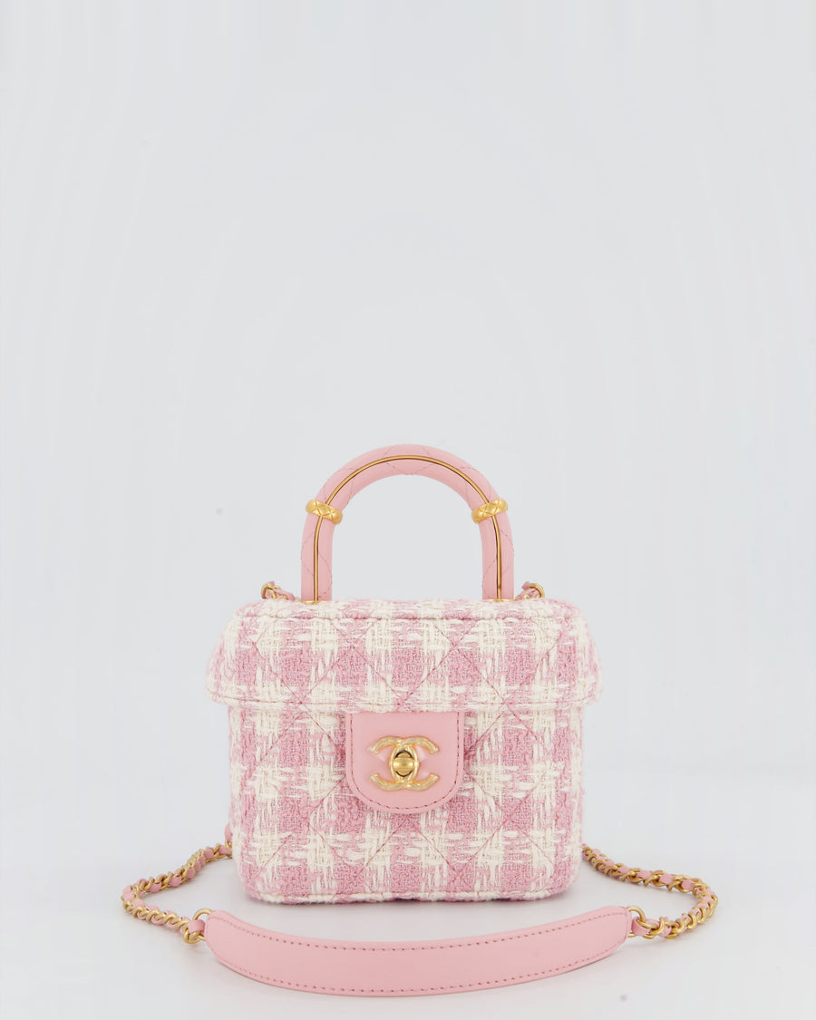 Chanel 23S Pink & Ecru Small Top Handle Crush Tweed Vanity Case Bag with Gold Hardware