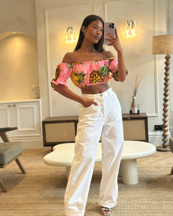 Dolce & Gabbana Pink Pineapple Print Off-The-Shoulder Top Size IT 38 (UK 6)
