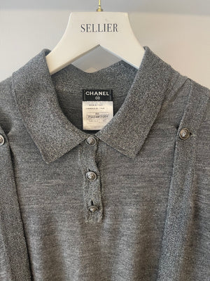 Chanel 08A Grey Two Piece Cashmere Detachable Top and Cardigan Set with Silver Metallic Details Size FR 40 (UK 12)