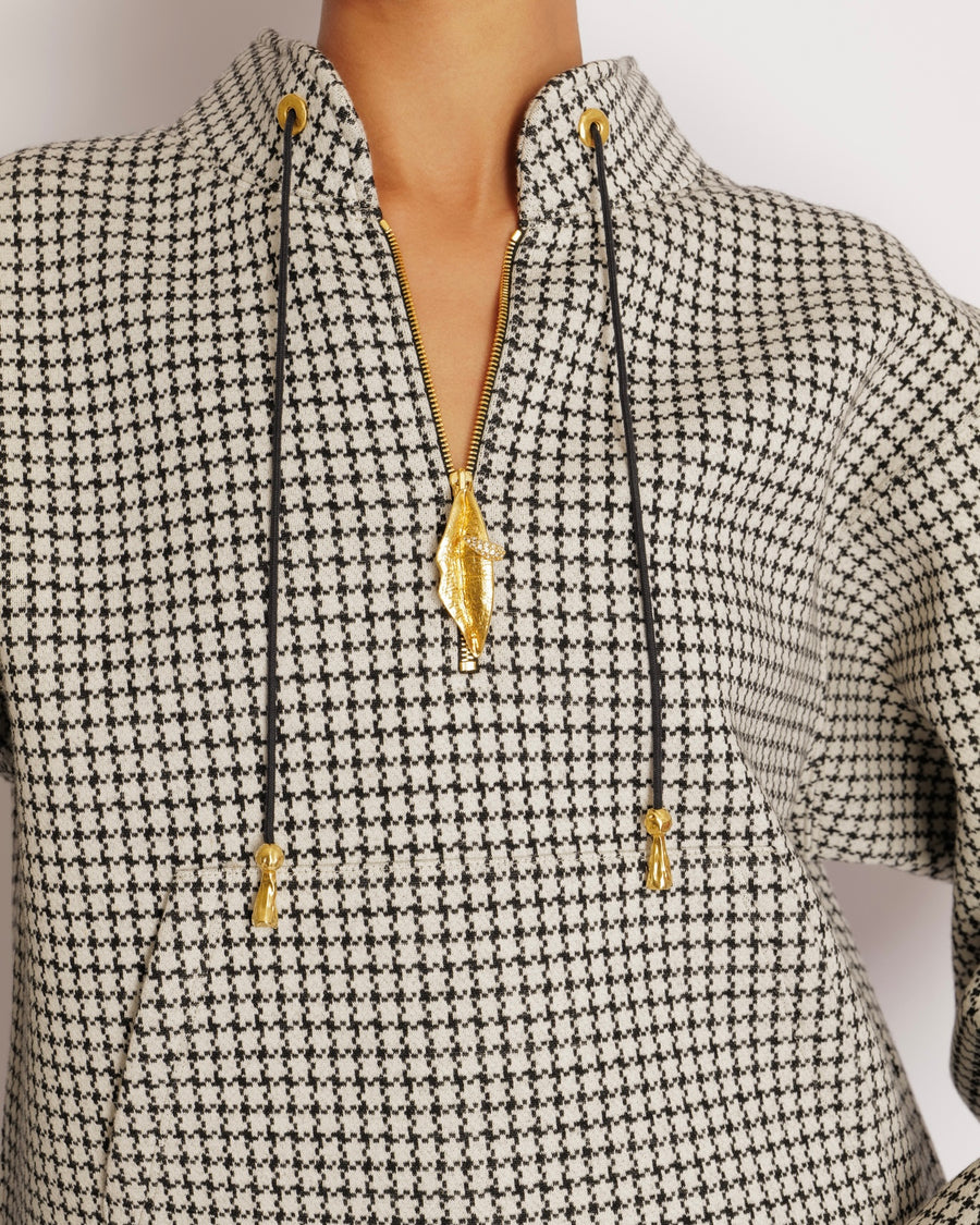 Schiaparelli Black and White Houndstooth Quarter Zip Sweater with Gold and Crystal Embellished Lip Zipper Detail Size M (UK 10)