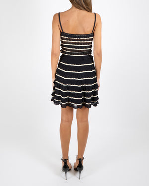 Christian Dior Resort 2011 Black and White Striped Pointelle Knit Tiered Sleeveless Mini Dress with Front Bow Detail Size FR 36 (UK 8)