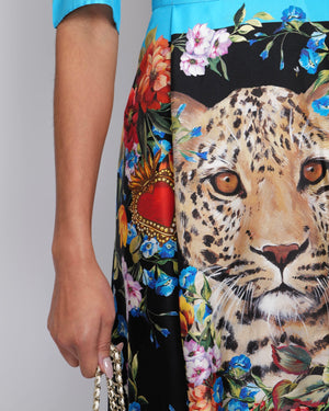 Dolce & Gabbana Black Silk Short-Sleeved Midi Dress with Multi-Colour Floral Print and Leopard Face Detail Size IT 40 (UK 8)