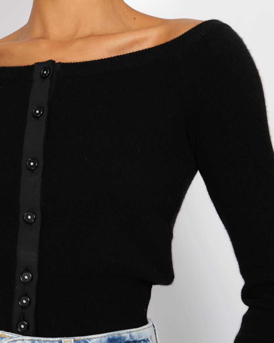 Chanel Vintage 95A Black Cashmere Cardigan with Black and White CC Logo Buttons Size FR 36 (UK 8)