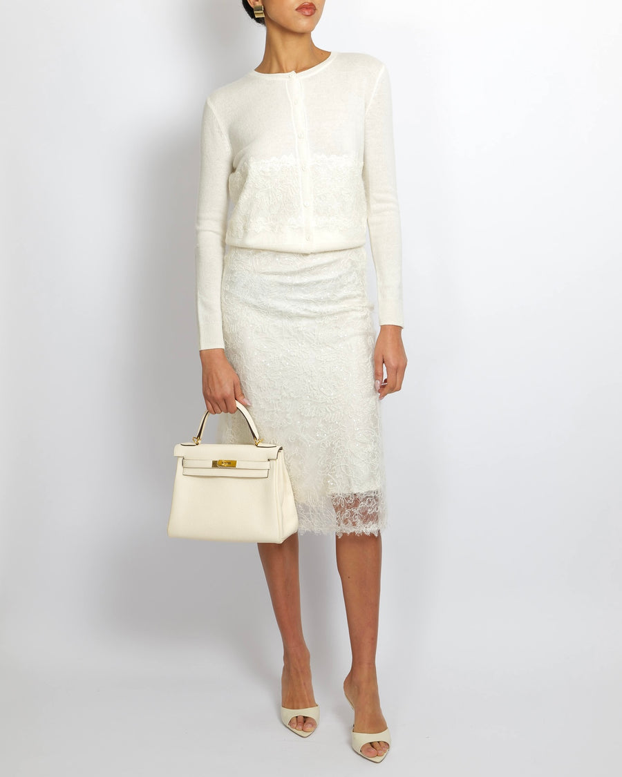Ermanno Scervino White Wool and Lace Cardigan and Skirt Set with Sequin Embellishments Size IT 38 (UK 6)