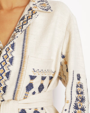 Etro Beige and Navy Aztec Belted Jacket with Abstract Print Details Size IT 48 (UK 16)