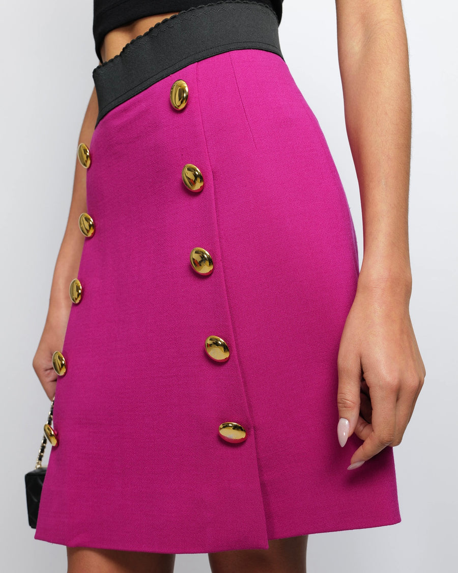 Dolce & Gabbana Pink Wool Mini Skirt with Black Waistband and Gold Buttons Detail Size IT 44 (UK 12)