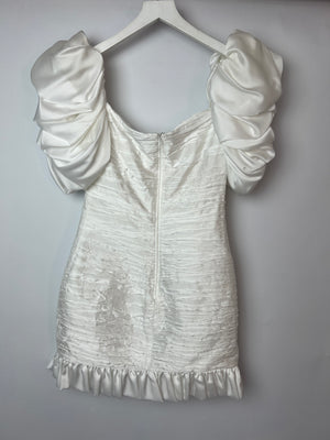 Alessandra Rich White Puff-Sleeve Ruched Crepe Mini Dress with Pearl Details Size IT 40 (UK 8)
