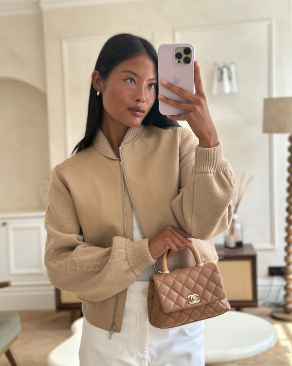 *HOT COLOUR* Chanel 21P Mini Coco Top Handle Bag in Caramel Caviar Leather with Champagne Gold Hardware & Lizard Embossed Calfskin Detail