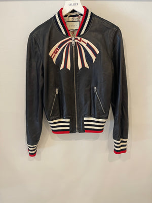 Gucci Black, Red and Cream Lambskin Leather Jacket with Logo Detail Size IT 44 (UK 12)