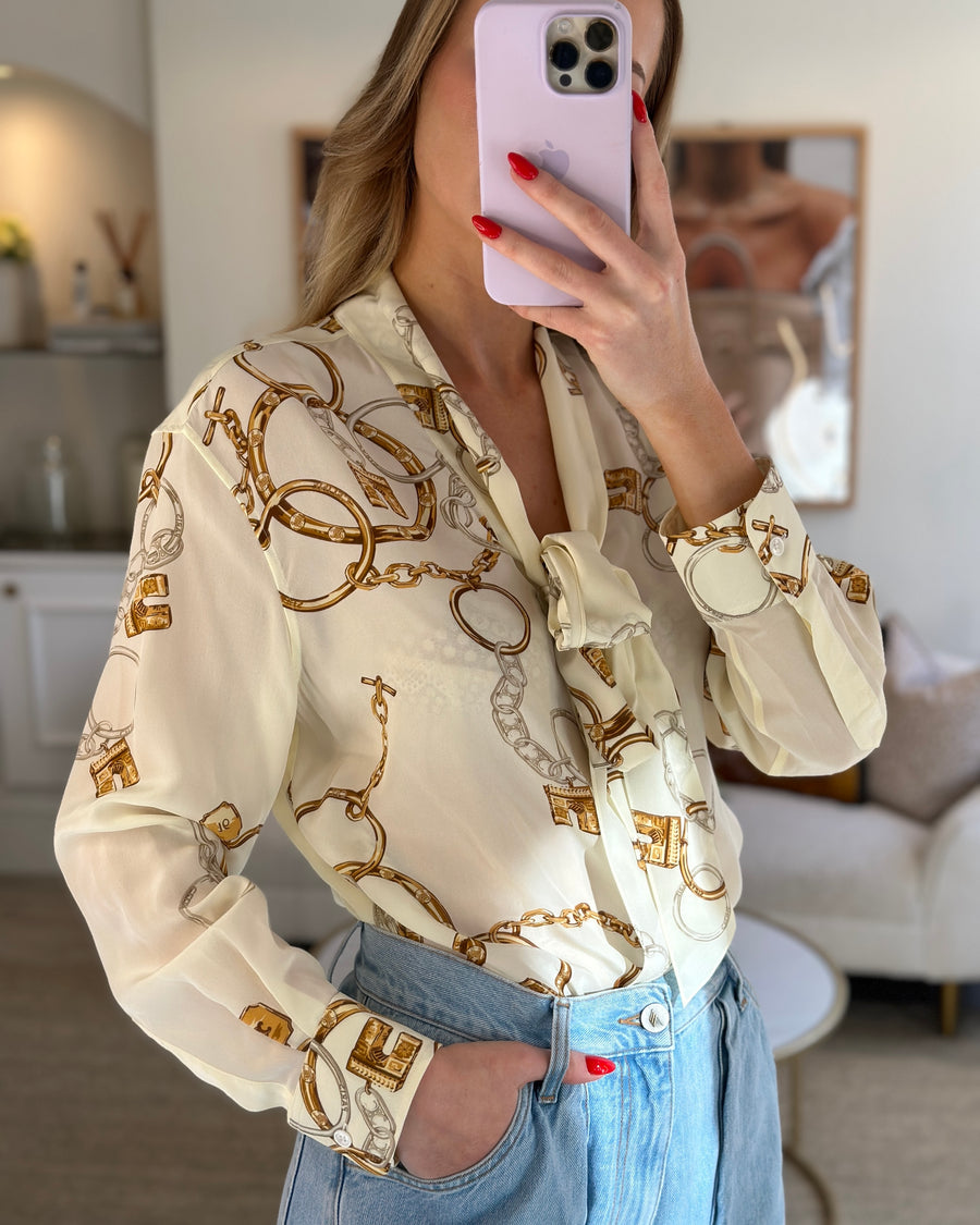 Celine Cream Silk Blouse with Yellow and Silver Chain Print Detailing Tie-Neck Blouse with Neck Tie Detailing Size FR 36 (UK 6)