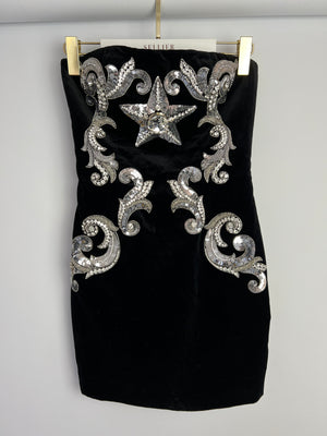 Balmain Black Velvet Mini Dress with Silver Sequin Embellishments Details Size FR 36 (UK 8) RRP £4,850