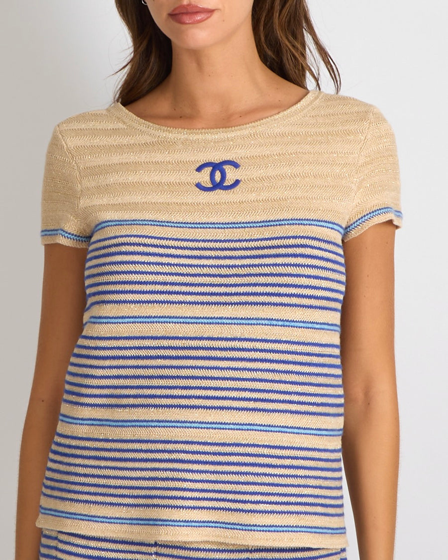 Chanel Cruise 2019 Beige, Gold and Blue Striped Linen Mini Skirt and Top Set with CC Logo and CC Logo Gold Buttons Size FR 36/38 (UK 8/10)