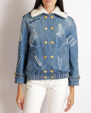 Chanel Métiers d’Art 2019 Blue Denim Jacket with Faux Fur Lining and Patchwork Details with Gold Cat CC Logo Buttons Size FR 34 (UK 6)