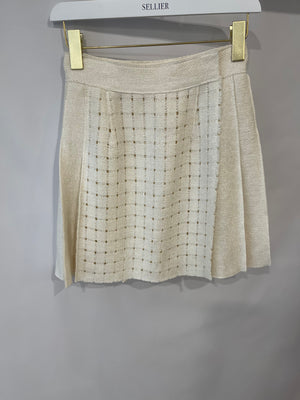Ermanno Scervino Cream Linen Perforated Mini Pleated Skirt Size IT 38 ( UK 6)
