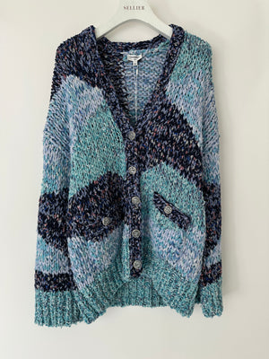 Chanel 23P Aqua Blue Metallic, Navy White Crochet Knit Oversized Cardigan with Silver Logo Crystal Buttons Size FR 36 (UK 8)
