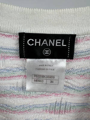 Chanel White, Pink, Green and Blue Pastel Knit Short Sleeve Dress with Pockets and Tie Size FR 34 (UK 6)