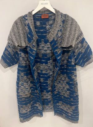 Missoni Blue and Grey Wool Long Knitted Short Sleeved Cardigan Size IT 42 (UK 10)