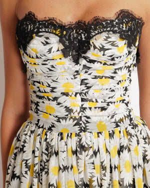 Dolce & Gabbana Black and White Daisy Printed Sleeveless Mini Dress with Rouched Bustier Top Detail and Black Lace Trims Size IT 38 (UK 6)