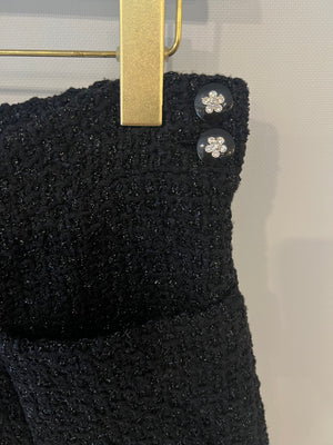 Chanel Black Tweed Shimmery Bermuda Shorts with Silver Flower Crystal Buttons Size FR 34 (UK 6)