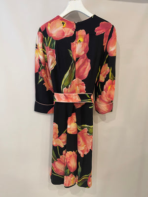 Dolce & Gabbana Black and Pink Floral Midi Dress with Belt Detail Size IT 42 (UK 10)
