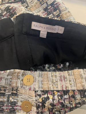 Ralph & Russo Black and Multi-Colour Tweed Sequin Top and Mini Skirt Set with Textured Gold Buttons Size FR 38/40 (UK 10/12)