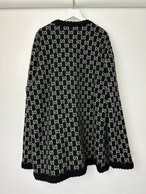 Gucci Black & White GG Supreme Wool Cardigan with Black Braided Trim & Cream Enamel Button Details Size XL (UK 16)