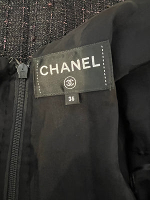Chanel Resort 2024 Black Embellished Mini Dress with Pink Metallic Details and Crystal CC Logo Buttons Size FR 36 (UK 8)
