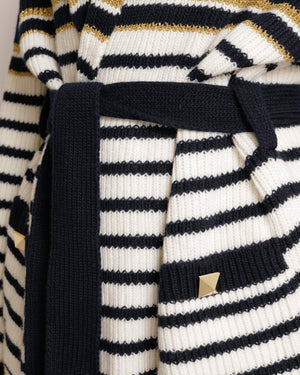 Valentino Navy and Cream Striped Wool Knitted Belted Cardigan with Shimmery Gold Details and Back Logo with Gold Buttons Size S (UK 8) RRP £2,450