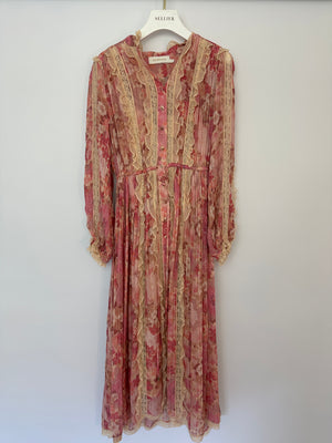 Zimmermann Pink Floral Viscose Long-Sleeve Floral Midi Dress with Lace Details Size 0 (UK 8)