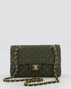 *HOT* Chanel Olive Green Small Classic Double Flap Bag in Lambskin Leather with Champagne Gold Hardware