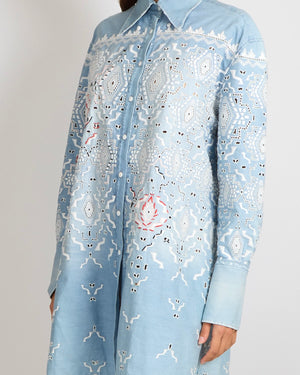 Ermanno Scervino Light Blue Denim Shirt Dress with White and Red Aztec Embroideries and Perforated Details Size IT 36 (UK 4)