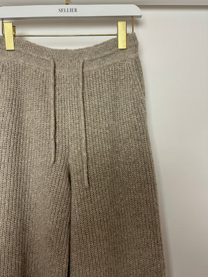 Loro Piana Beige Knitted Wide Leg Trousers with Tie Waist Size UK 8