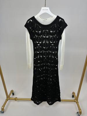 Chanel Black Crochet Short Sleeve Midi Dress with White Long-Sleeve Under-Layer Set Size FR 34 (UK 6)